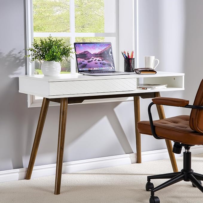 GAOMON Modern Simple Home Office Desk, Mid Century Modern Computer Writing Desk with Drawer Solid Wood Legs and Open Storage Cubby, Small Vanity Table Desk for Bedroom (White)