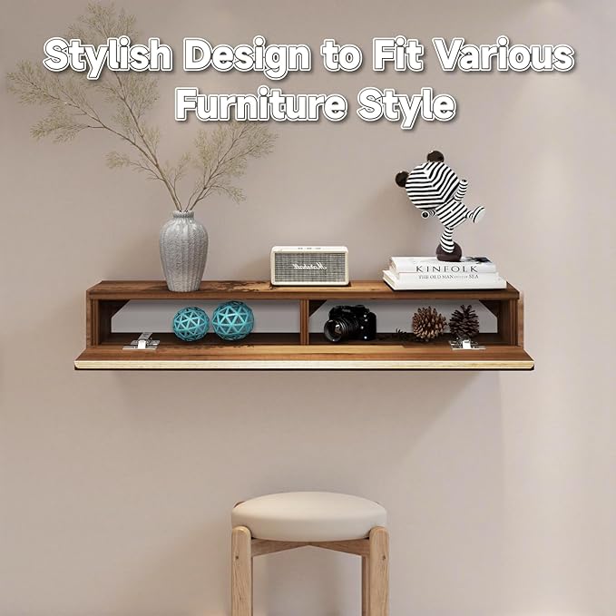 Floating Solid Wood Console Table, 47'' Wall Mounted Narrow Entryway Table with Storage Shelf, Modern Couch Shelves Small Entry Way Tables for Entryway, Front Hall, Hallway (Walnut, 47.24IN)