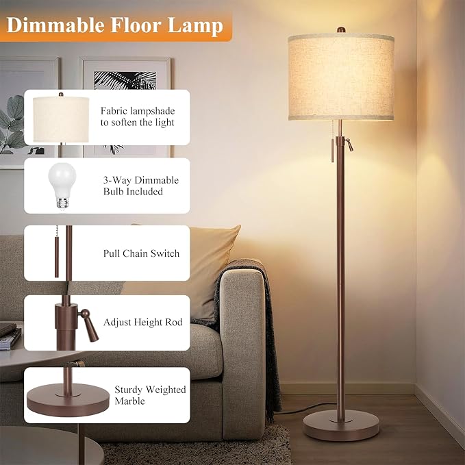 Qingmiao Metal Brown Floor Lamp for Living Room, Adjustable Height Standing Lamp, Pole Light for Bedroom, with Linen Shade and Metal Base, Pull Chain Switch, 3-Way 8W LED Bulb Included