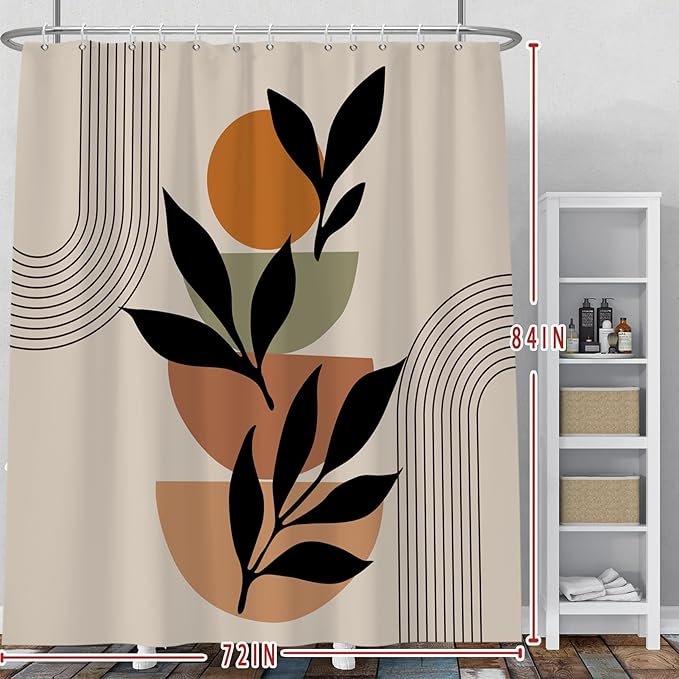 Baocicoo Boho Mid Century Shower Curtain Set Modern Minimalistic Leaves Shower Curtain for Bathroom Dormitory Bathtub Decor Durable Fabric Waterproof Curtain for Bathroom with Hooks 72x84 Inches
