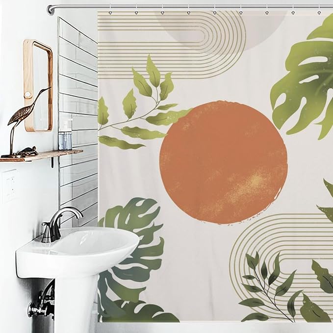Boho Green Shower Curtain,Mid Century Tropical Plant Palm Leaves Abstract Minimalist Geometic Boho Modern Waterproof Fabric Bathroom Shower Curtain Set with Hooks,72x72Inch