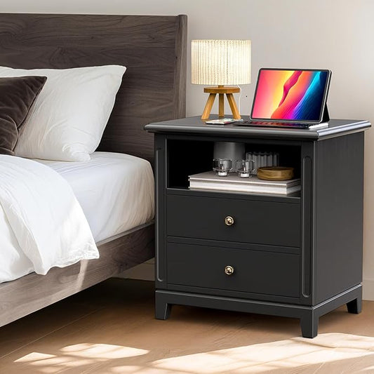 24" Wide Farmhouse Nightstand with Charging Station, Solid Wood End Table with 2 Large Drawers & Open Shelf, Bedside Table with USB Ports and Outlets, Side End Table for Bedroom