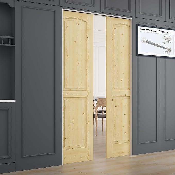 48" x 80" (Double 24" x 80") 2 Panel Arch Top All-Inclusive Soft Close & Solid Core Sliding Pocket Door, Pine Wood Door with Frame & Hardware Kit, Pocket Interior Doors for Home, Unfinished