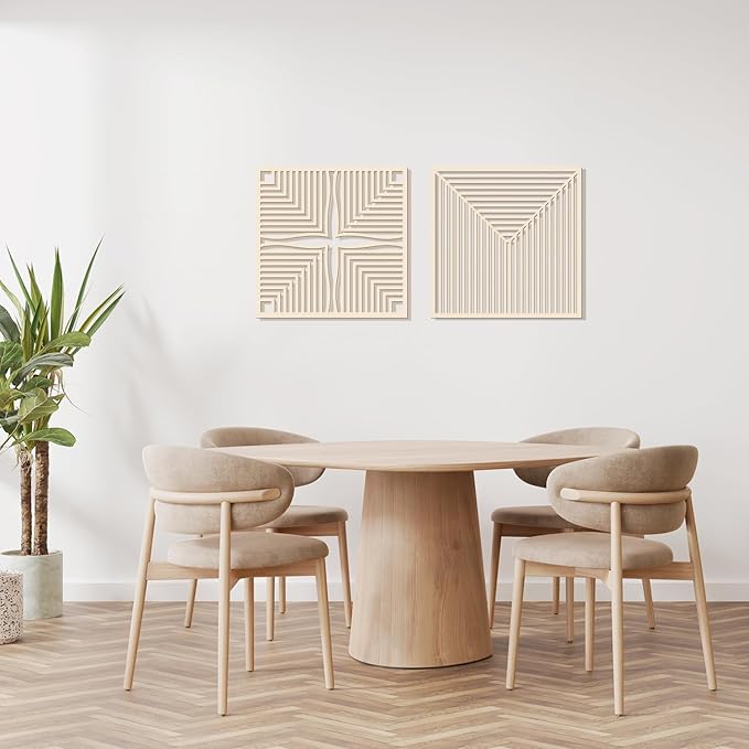 Homenthus 2 Pcs Abstract Wood Wall Art, Mid Century Modern Geometric Wood Wall Decor Minimalist Wooden Wall Art Decor Panels for Boho Living Room Bedroom Kitchen Dining Room Office Home Wall Decor