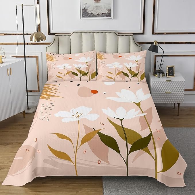 Erosebridal Boho Minimalist Coverlet Queen Size Hippie Abstract Art Bedding Set, Botanical Plants Bedspread Set White Flower Floral Quilt Set Modern Mid Century Bed Set Girly Pink Room Decor