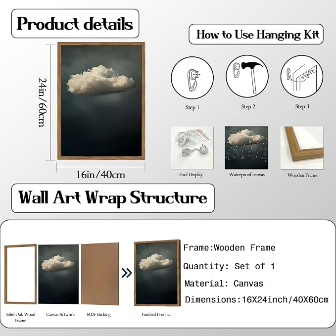 Dark Moody Cloud Wall Art Vintage Sky White Cloud Wall Decor Picture, Maximalist Canvas Print painting Cloudscape Abstract Artwork for Living Room Bedroom 16x24 inch Wood Framed