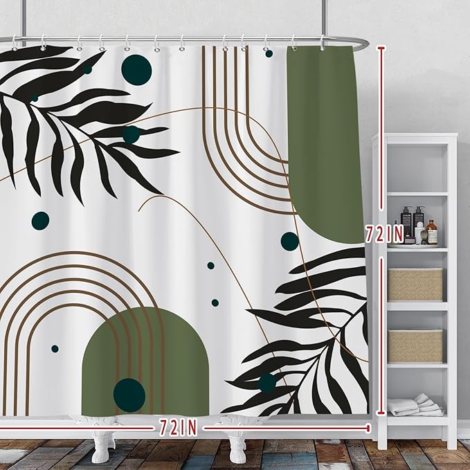 Baocicoo Mid Century Boho Shower Curtain Botanical Abstract Green Leaf Shower Curtain for Bathroom Hostel Hotel Cubicle Bathtub Decor Durable Waterproof Curtain for Bathroom with Hooks 72x72 Inches