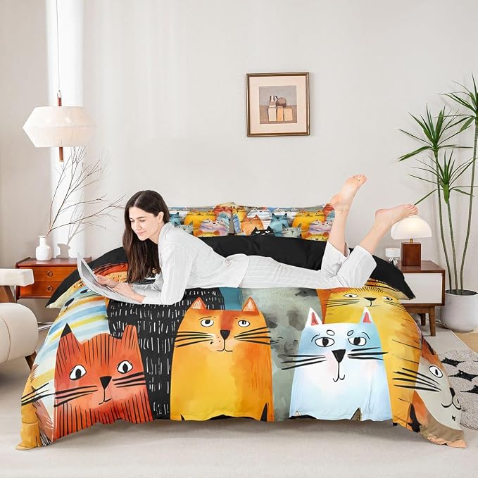 Erosebridal Trendy Cats Toddler Comforter Cover Cute Pets Cat Bedding Set Abstract Cat Animals Duvet Cover for Kids Girls Boys Adults Oil Painting Strokes Brush Bed Set