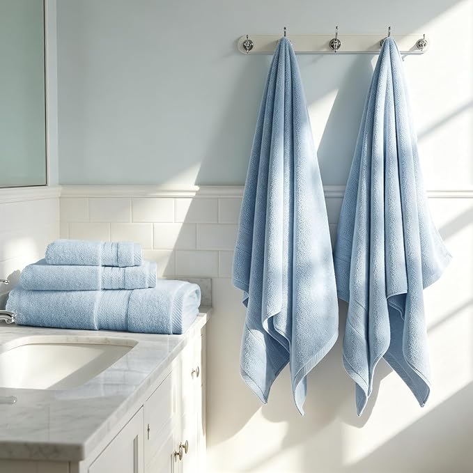 COZYART Light Blue Bath Towels for Bathroom 2 Pcs, 27x54 Cotton Bath Towel Set Super Soft Absorbent Durable 650 GSM Shower Towels for Daily Use