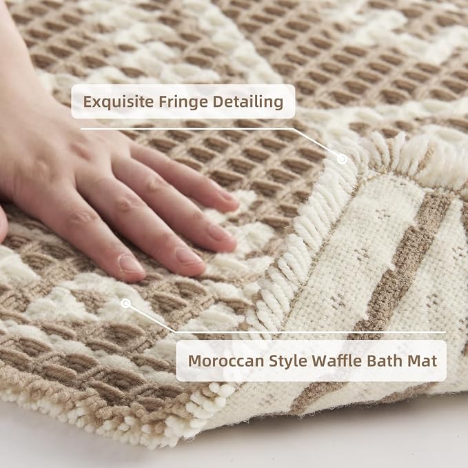 PADOOR-Waffle Bath Mat 24"x36"-Super Absorbent Bath Mats for Bathroom, Machine Washable Non Slip Bathroom Rug with Tassels, Soft Bathroom Mat for Laundry Room, Bedroom, Brown & Cream, 2'x 3'