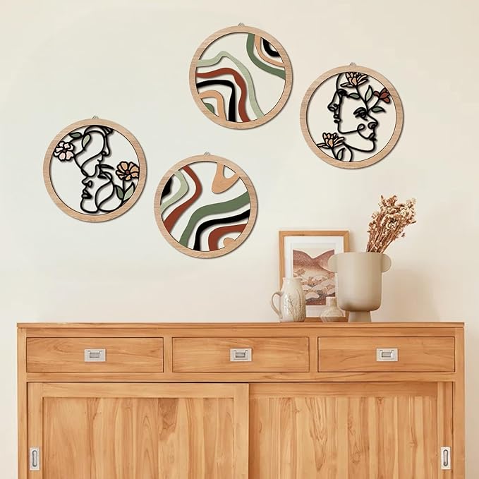 HPNIUB Boho Fashion Woman Wall Decor, Abstract Geometric Line Hanging Wooden Wall Art, 4 Pieces 10''x10'' Minimalist Aesthetic Female Women Face and Floral Wood Sign for Bedroom Living Room, Lady Gift