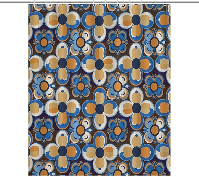 Bohemia Royal Blue Flowers Shower Curtain Mid Century Funky Retro Hippie 60s 70s Aesthetic Washable Waterproof Fabric for Bathroom Decor Bathtub with 12 Hooks 55x72in（140x183cm）