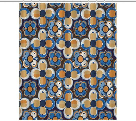 Bohemia Royal Blue Flowers Shower Curtain Mid Century Funky Retro Hippie 60s 70s Aesthetic Washable Waterproof Fabric for Bathroom Decor Bathtub with 12 Hooks 55x72in（140x183cm）