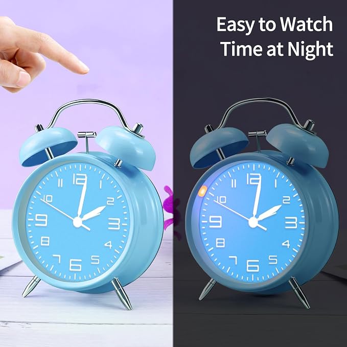 pxy Loud Alarm Clock for Heavy Sleepers 3D Dial Battery Operated (Battery Include), 4" Super Silent Analog Alarm Clock for Kids with Night Light PT260 Silver OrangePT505 Blue