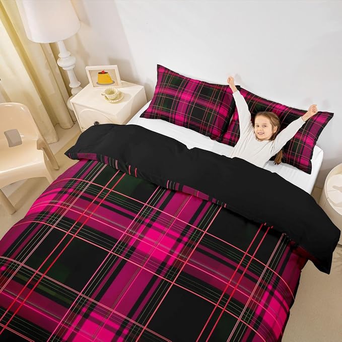 Erosebridal Geometric Plaid Grid Comforter Cover King Modern Checkered Tartan Bedding Set for Kids Teens Vintage Pink Black Duvet Cover Farmhouse Cabin Decor Bedroom Decor, Zipper