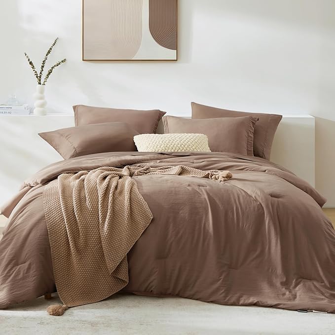 WRENSONGE Full Size Comforter Sets- 7 Pieces Soft Brown Bed in a Bag with Fitted Sheet, Flat Sheet, 2 Pillow Shams, 2 Pillowcases, Warm Bedding Sets for All Season