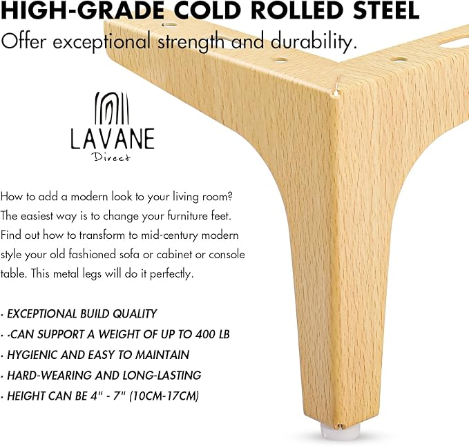La Vane 6 Inch Metal Furniture Legs, Set of 4 - Modern Diamond Triangle Natural Wood DIY Replacement Feet Corner Legs for Cabinet, Sofa, Sideboard, Couch, Dresser Makeover