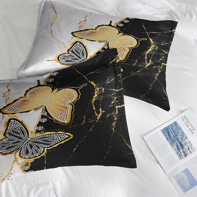 Marble Black Gold King Comforter Set, Butterfly Crystal Diamond Silver Bedding Set 3 Piece, All Season Soft Toddlers Children Adults Bedroom Bed Decoration Comforter and 2 Pillow Shams