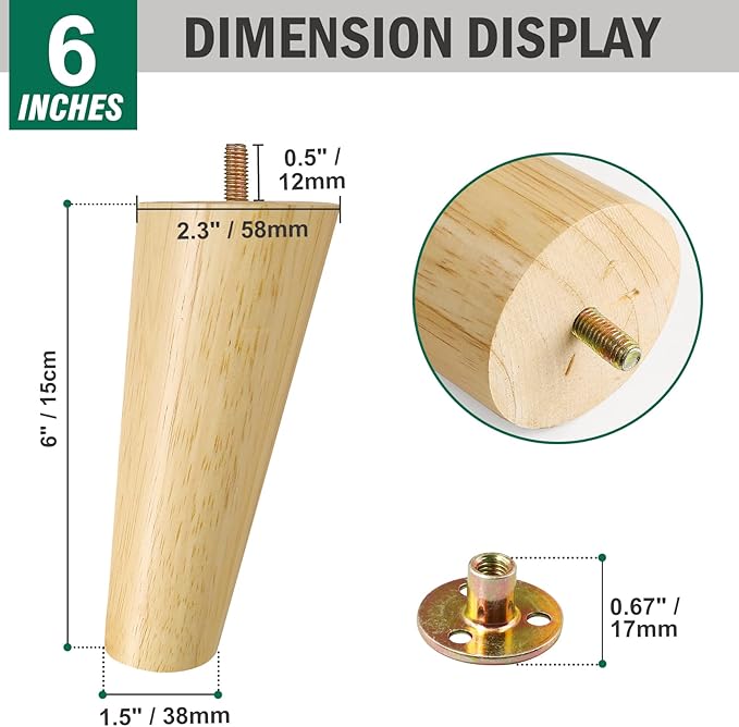 FoDau770 Rubber Wood Furniture Legs 6 Inches, Slant Tapered Wood Feet Mid Century Sofa Legs Set of 4, 5/16" UNC Furniture Feet Replacement Parts for Cabinet Couch Dresser Chair Ottoman Table