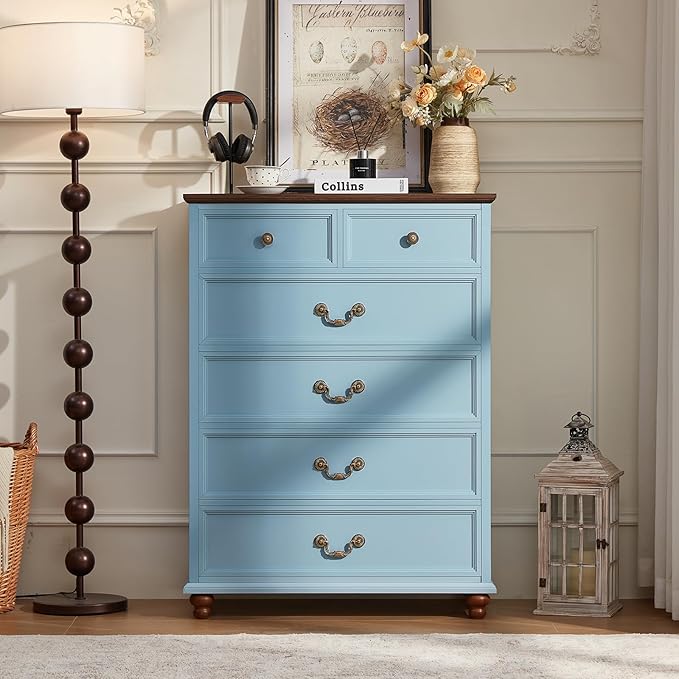 Farmhouse 6 Drawer Dresser Set of 2 for Bedroom, 42" Tall Rustic Chests of Drawers w/ 4 Solid Wood Feet, Mid Century Vintage Wooden Closet Storage Dressers Organizer for Living Room,Light Blue