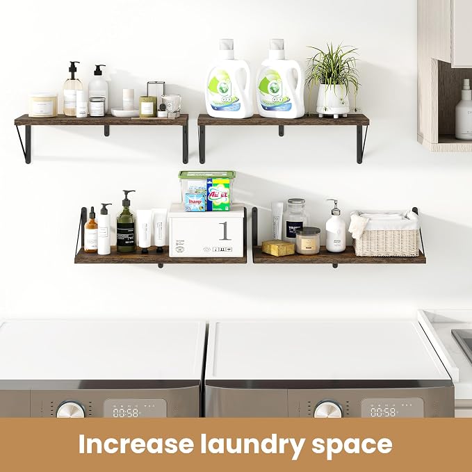 Heimlove Floating Book Shelves for Wall,23.6 Inches Wall Bookshelf Mounted Display&Storage Wood Shelves for Kitchen Bathroom Laundry Living Room,Set of 3,Rustic Brown