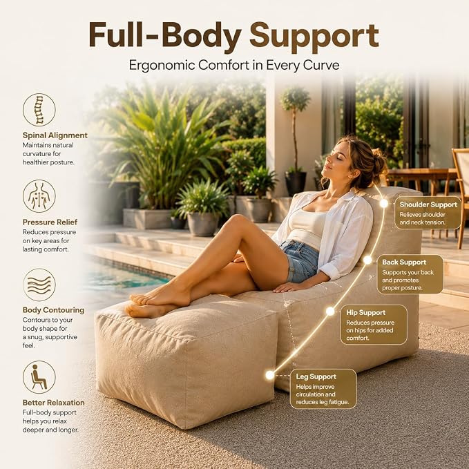 Outdoor Indoor Bean Bag Chair with Ottoman, 2-in-1 Lounge Beanbag with Foam Filling, Waterproof Outdoor Bean Bag & Full-Body Support for Patio Deck Poolside Backyard, Beige