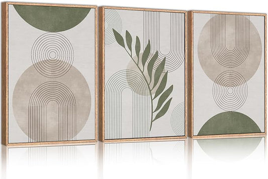 HPINUB Sage Green Boho Framed Canvas Wall Art Set, Minimalist Beige Green Botanical Wall Decor, Abstract Geometric Line Leaf Canvas Painting for Living Room, Bedroom, Dining Room, Office Decor-24"x36"x3