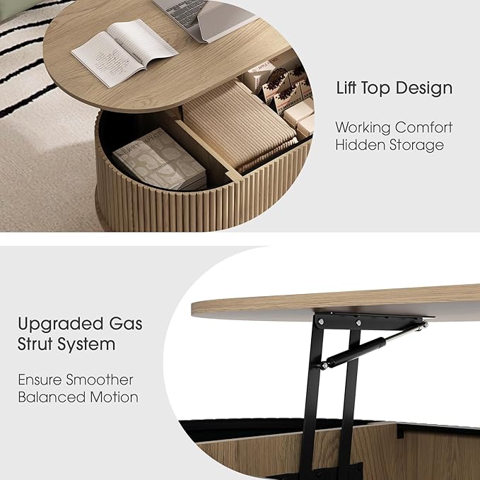 42.5" Oval Lift Top Coffee Table with Storage, Mid Century Modern Oak Center Table with Fluted Panel, Solid Wood Legs & Hidden Compartment for Living Room