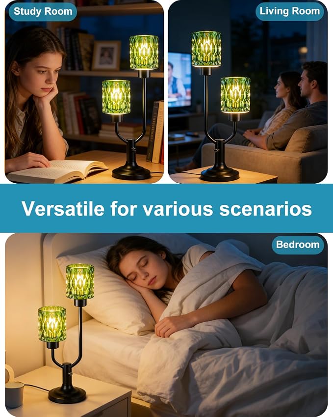 Lightdot Vintage Table Lamp for Living Room Dimmable Nightstand Lamp Mid Century Modern Green Glass Black Desk Lamp 2 Bulbs Included Warmwhite Ambient Bedside Lamps for Bedroom Home Office Decor Gift