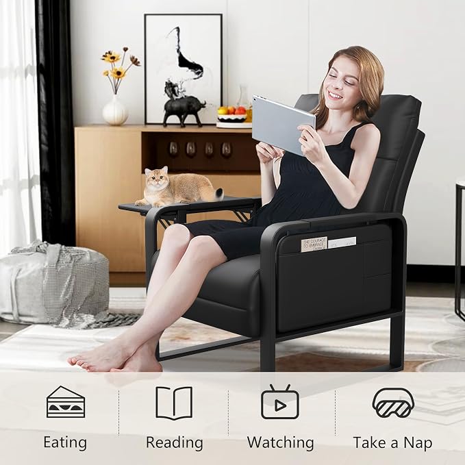 Alunaune Upholstered Living Room Chair Armchair, Mid Century Faux Leather Metal Accent Chair, Reception Couch Slipper Club Lounge Chair Guest Comfy Single Sofa with Sidetable for Bedroom-Black