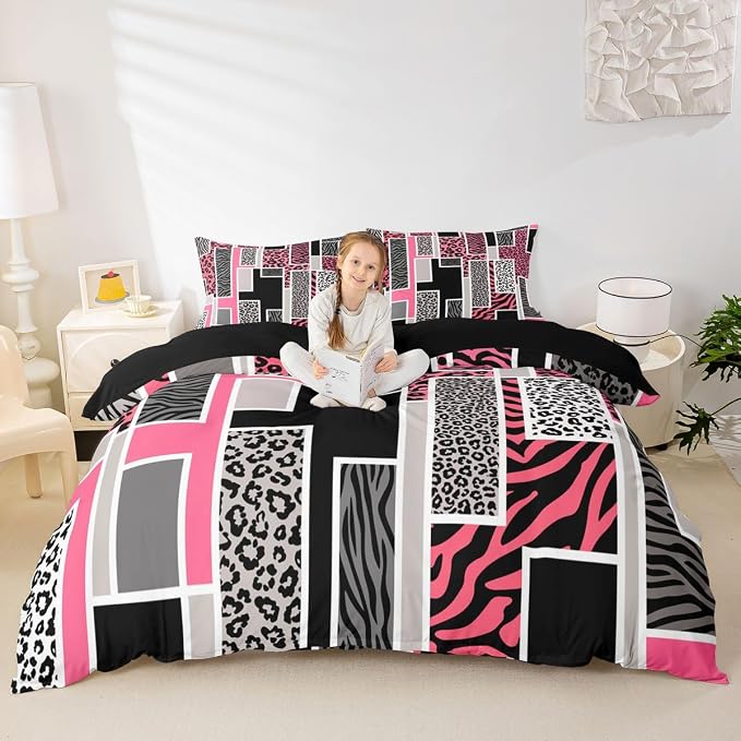 Erosebridal Leopard Print Duvet Cover Twin Cheetah Zebra Skin Print Bedding Set Pink Black Animals Fur Rustic Comforter Cover for Kids Teen Adults,Geometric Square Patchwork Bed Set