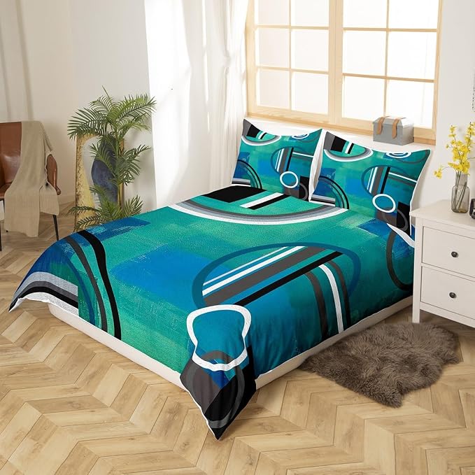 Erosebridal Geometric Comforter Cover Twin,Oil Painting Duvet Cover Watercolor Bedding,Circles Bedding Set,Blue Green Black Grey Quilt Cover,Modern Artwork Soft Cozy Bedspread Cover with Zipper& Ties