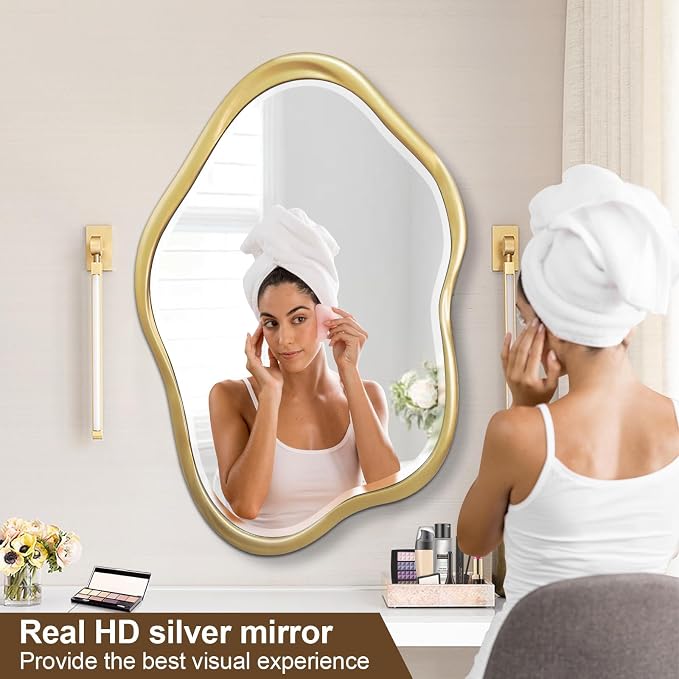 Irregular Wall Mirror, 24"X36" Gold Asymmetrical Bathroom Vanity Mirror, Framed Cloud Mirror for Washroom, Bedroom, Entryway