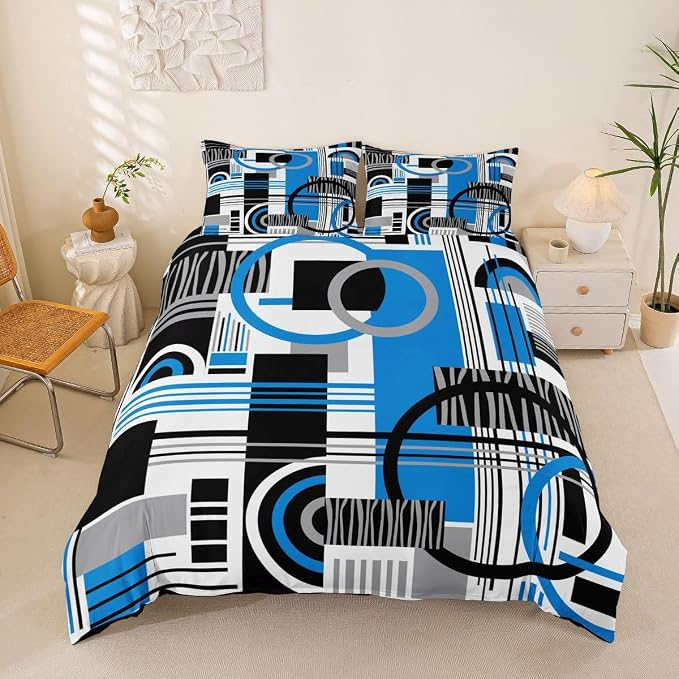 Erosebridal Art Deco Mid Century Duvet Cover Set Retro Modern Abstract Geometric Queen Bedding Set for Teenage Boys Black and White Blue Circles Stripes Comforter Cover Contemporary Bed Sets