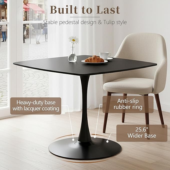 Square Dining Table,42.1" Tulip Table with Metal Pedestal,15-Minute Quick Assembly,Mid Century Modern Leisure Table for Kitchen Small Places Cafe (Black)