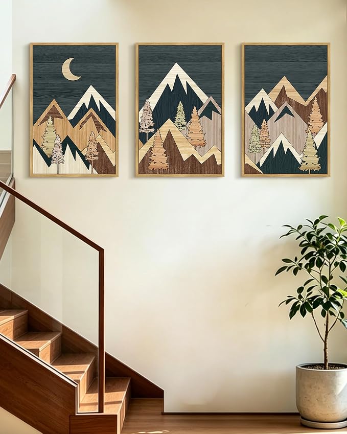 KUVIOKE Morden Mountains Framed Wall Art Boho Pine Tree Forest Nature Landscape Artwork Bohemain Farmhouse Rustic Bedroom Decor 16x24in (Natural Framed)