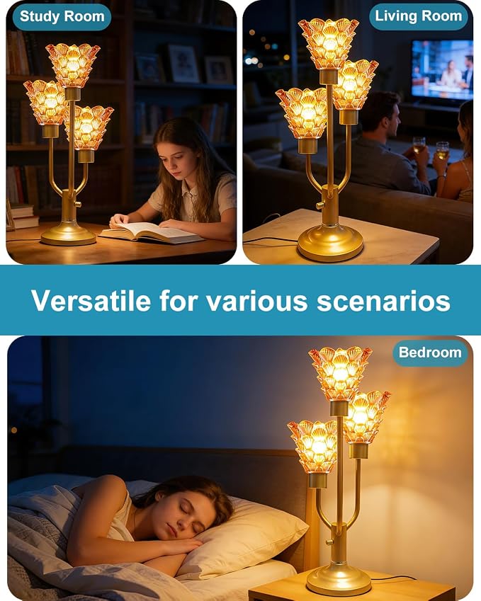Lightdot Mid Century Modern Table Lamp for Living Room Dimmable Nightstand Lamp Vintage Gold Desk Lamp Amber Glass 3 Bulbs Included Warmwhite Ambient Bedside Lamps for Bedroom Home Office Decor Gift