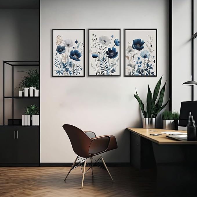 BingruiArt Navy Blue Wall Art Canvas Abstract Floral Painting Blue and Gray Posters Watercolor Flower Decor Wildflower Pictures Botanical Prints for Living Room Bedroom Bathroom 3 Pcs 16"x24" Black Framed