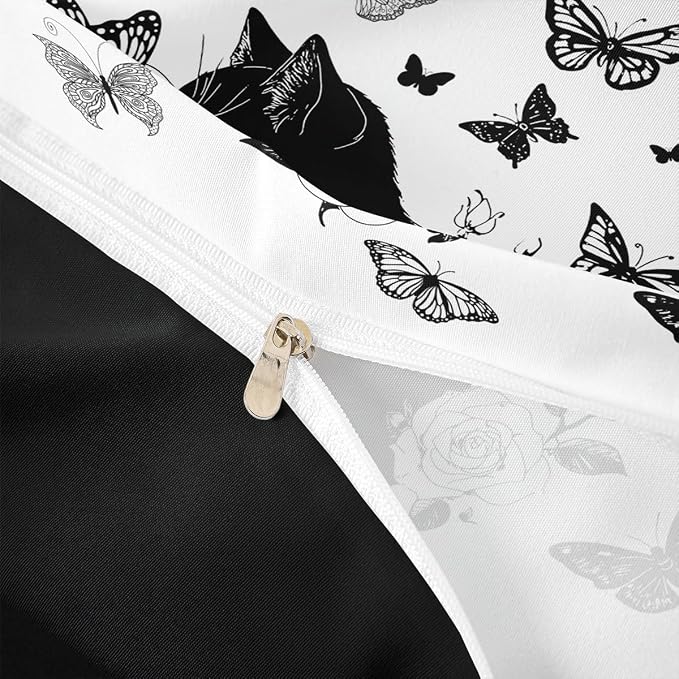 Erosebridal Elegant Cat Duvet Cover Queen Black Floral Butterfly Bedding Set Black and White Comforter Cover for Kids Girls Boys Adults Cute Animal Bed Set