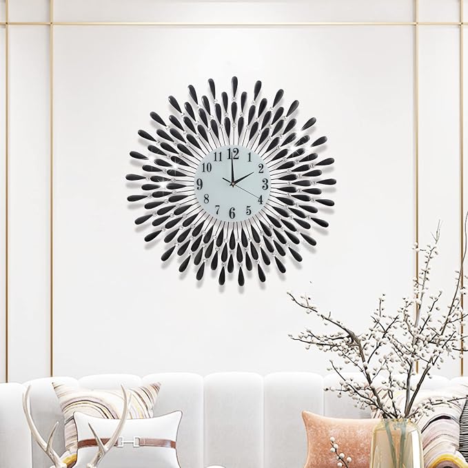 28.0 INCH Wall Clock for Living Room Decor,Non-Ticking Quiet Metal Petals Dial Glass Big Wall Clocks Black for Bedrooms Kitchen and Small Space Decoration