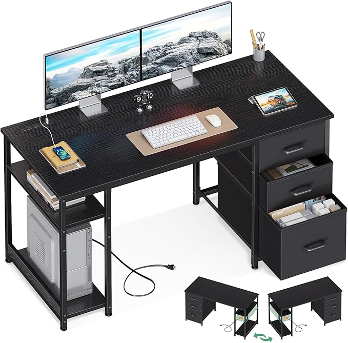 AODK 51 Inch Computer Desk with Drawers & USB Power Outlets, Reversible Home Office Desk with Storage Shelves, Work from Home, Modern Work/Writing/Study Table for Bedroom, Black