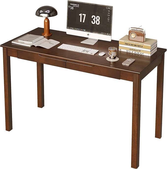 Solid Wood Desk with Drawers - 47 x 22 Inch Vintage Desks, Mid Century Modern Desks, Rubber Wood Study Table, Writing Desk with Drawers for Bedroom|Any Spaces - Walnut Color