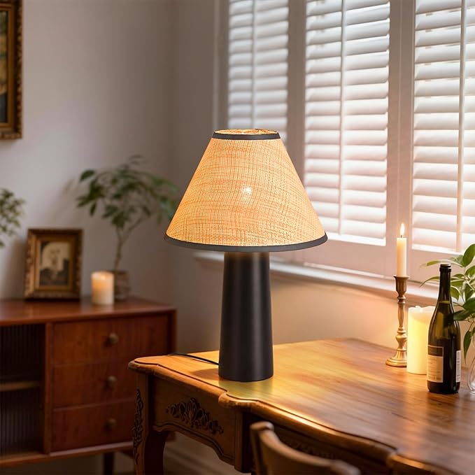 Matte Black Rattan Table Lamp for Bedroom, Modern Wicker Lamps for Bedside Nightstand, Small Table Rattan Shape Lamps for Small Spaces for Kitchen Counter, Home Office, Living Room, Kids Dorm