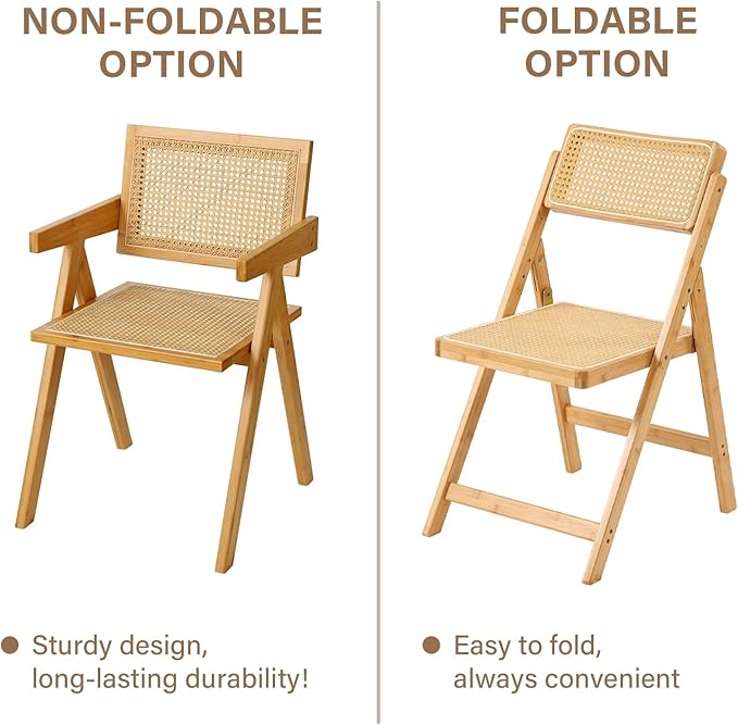 Furlide Rattan Folding Chair, Modern Mid Century Dining Chair Set of 1, Outdoor Bamboo Chairs for Bedroom Living Room Reading Room Dining Kitchen, Wood