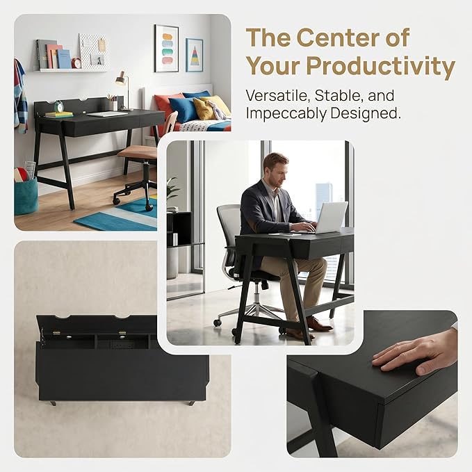 ROCITY Black Wood Desk with Drawers Home Office Desk Mid Century Modern Writing Table for Bedroom Vanity Living Room Study Workstation