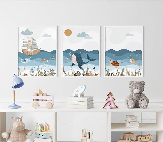 Ocean Nursery Wall Art Pictures Blue Nautical Canvas Art Beach Animal Wall Decor Baby Boys Room Wall Art Sea Whale Prints Ocean Nautical Poster for Nursery Baby Room 16x24 Inch Set of 3 Unframed