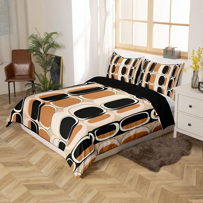 Erosebridal Brown Black Geometric Comforter Cover Queen Mid Century Bedding Set Modern Abstract Duvet Cover for Kids Teen Adults,Boho Circle Round Design Bed Set