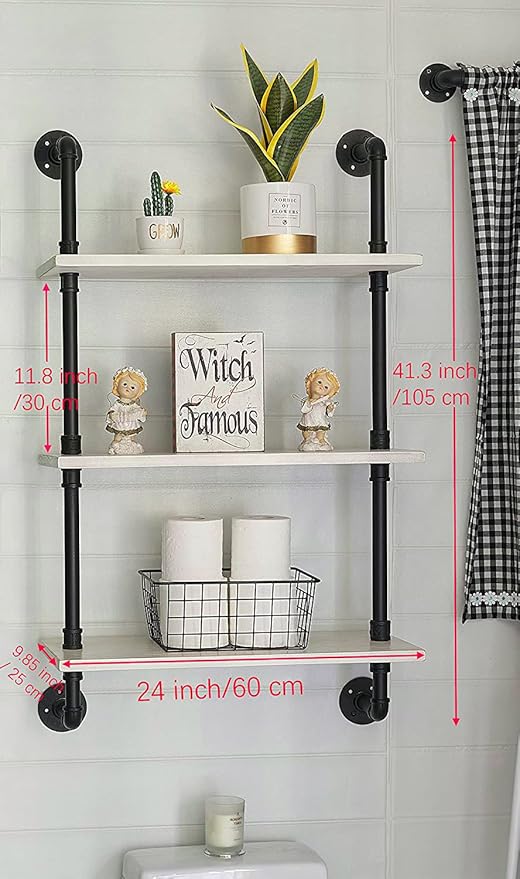 HDDFER White Floating Shelves 24 inch Pipe Wall Shelves Bathroom Shelves Over Toilet with Wood Planks Industrial Pipe Floating Shelves Farmhouse Bathroom Pipe Shelves Wall Mounted