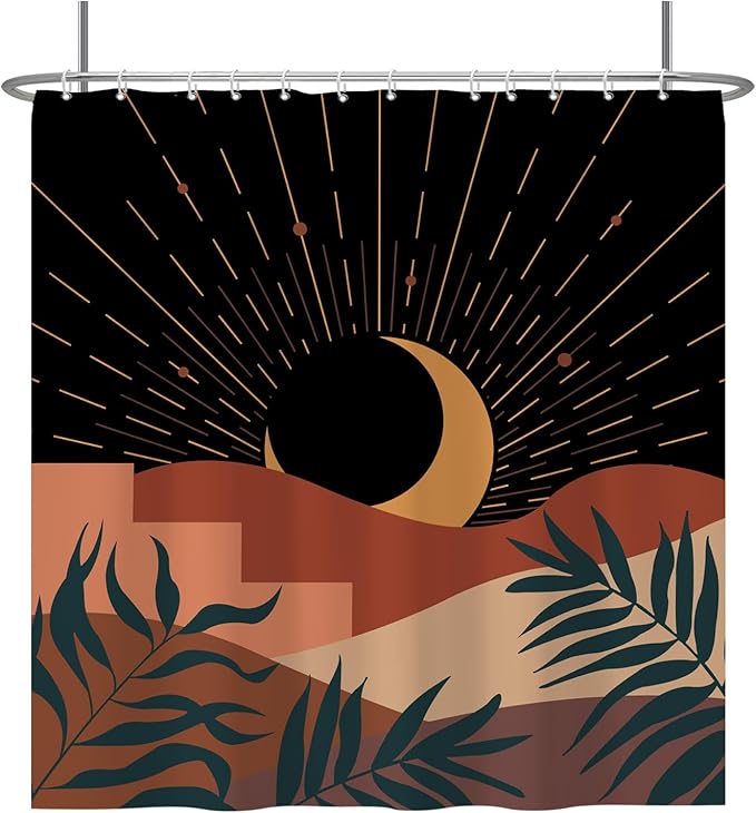 Baocicoo Boho Abstract Moon Shower Curtain - Mid Century Sunset Mountain Design, Minimalist Aesthetic, Waterproof, 72x72 Inches
