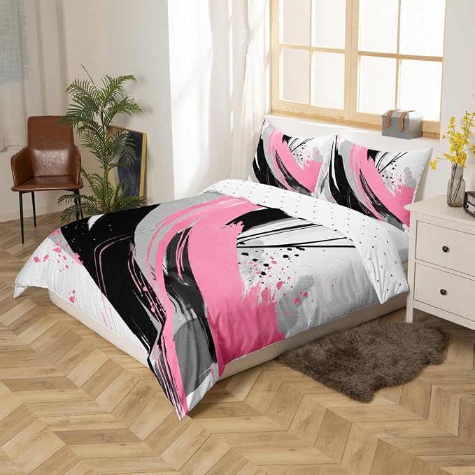 Erosebridal Black and Pink Duvet Cover Full - Geometric Decorative Abstract Bedding Striped Bed Set for Girls Boys Adults Watercolor Minimalists Graffiti Aesthetic Lines Bed Cover